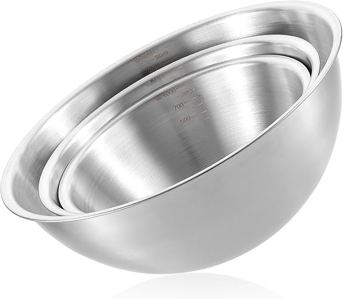 Stainless Steel Mixing Bowls 3 Packs Nesting Baking Supplies Small Thicker Stainless Steel Flat Bottom Stackable Salad Bowl Mixing Bowls Set for Cooking, Baking, Salad,Serving(1000/1500/2000ml)