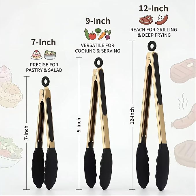 Professional Gold Kitchen Tongs for Cooking with Silicone Tips, Set of 3 (7", 9", 12") - Heavy Duty Stainless Steel Food Tongs for Grilling, Serving, BBQ, Salad & Frying - Heat Resistant & Non-Stick