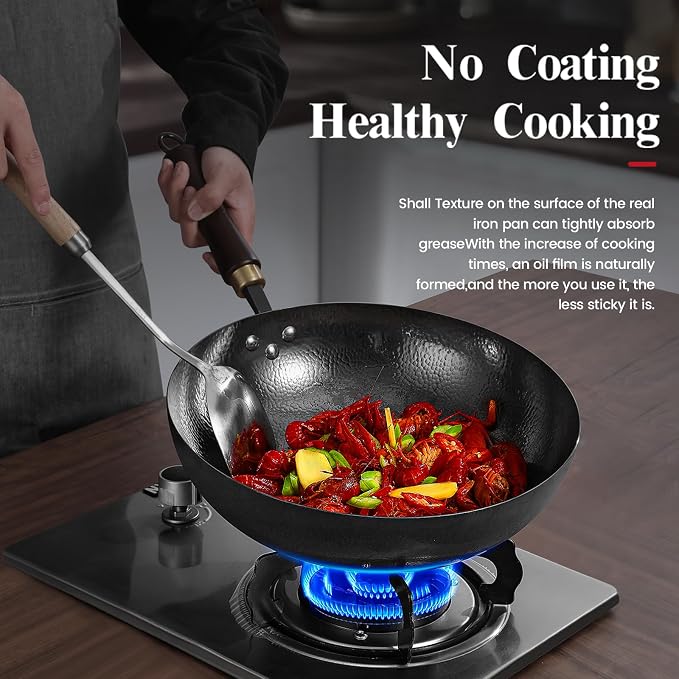 Carbon Steel Wok Pan, 11.8-Inch Nonstick Pre-Seasoned Woks & Stir-Fry Pans with Glass Lid, No Chemical Coated Wok Round Bottom Hand Hammered Chinese Wok for Gas Stoves