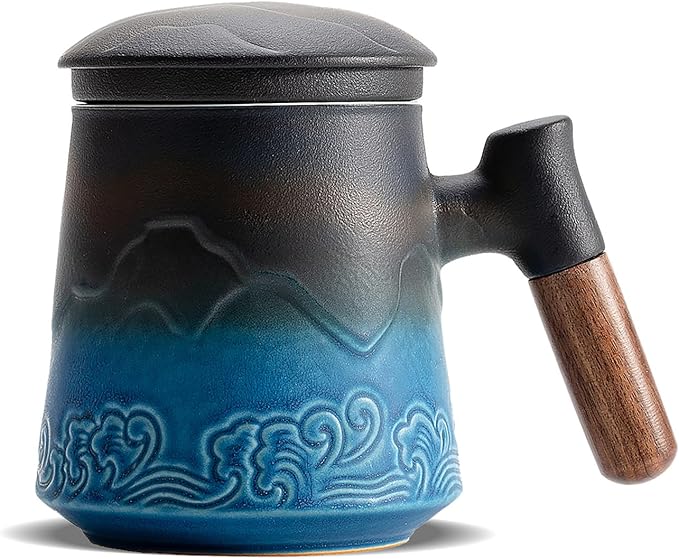 ZENS Tea Cup with Infuser and Lid for Loose Leaf Tea Steeper, 15oz Blue | Embossed Ceramic Tea Infuser Mug with Fine Strainer for Herbal Tea Lovers Gifts, Nature Wood Handle