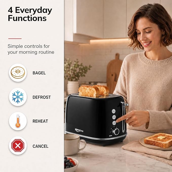2 Slice Retro Stainless Steel Toaster with Bagel, Cancel, Defrost Function and 6 Bread Shade Settings Bread Toaster, Extra Wide Slot and Removable Crumb Tray (Black)