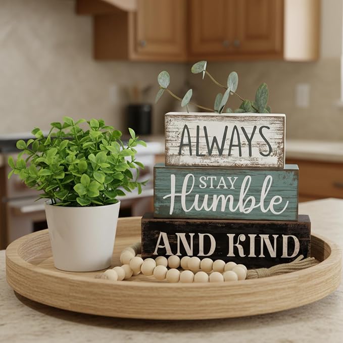 Lineshading 4 Pcs Inspirational Farmhouse Table Decor Wooden Shelves Signs | Always Stay Humble and Kind Quote, Rustic Wooden Blocks, Eucalyptus Accent, Tiered Tray Tabletop Home Decor Gift