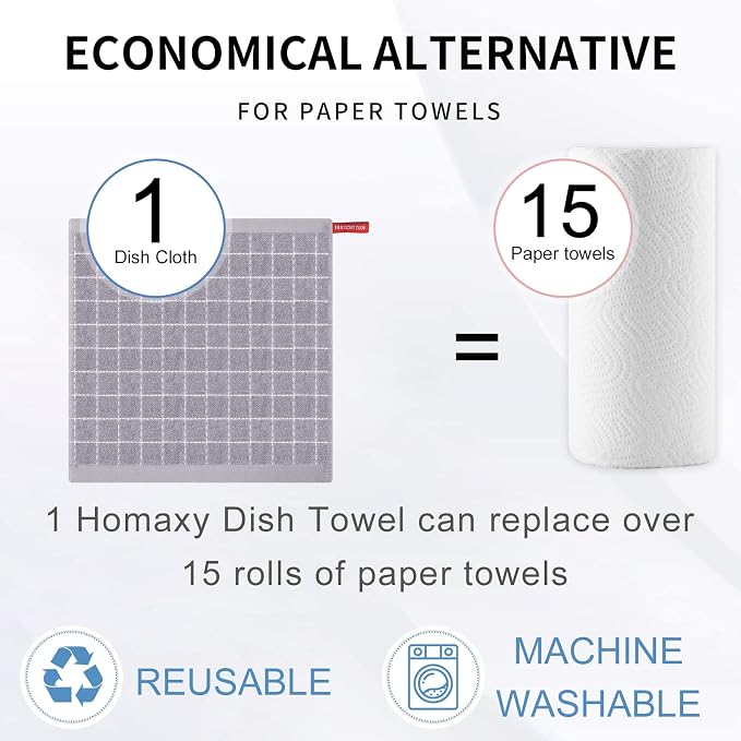 Homaxy 100% Cotton Terry Kitchen Dish Cloths, 6 Pack, Light Grey | Ultra Soft and Absorbent, Suitable for Drying and Washing Dishes