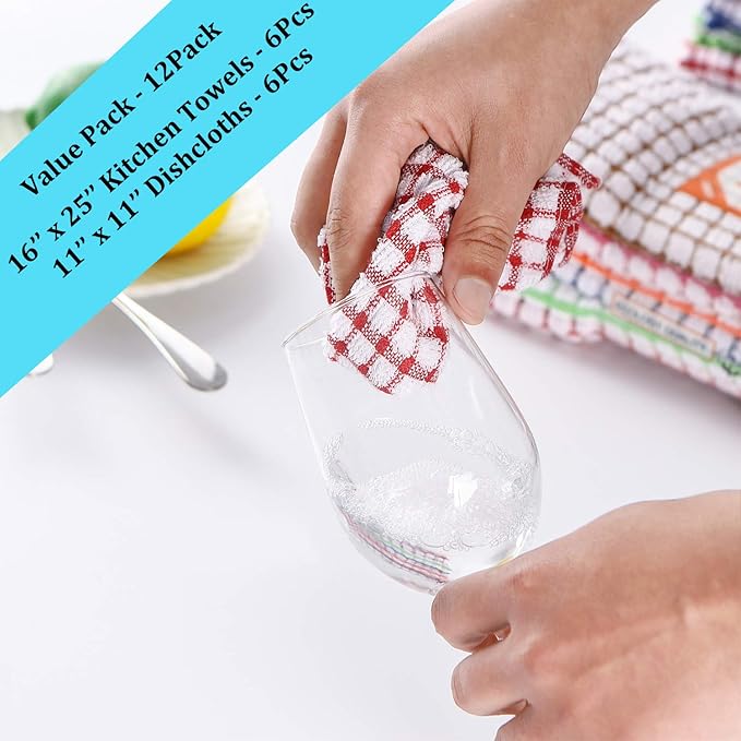 Kitchen Towels and Dishcloths Set, 16 x 25 12 12, Set of Bulk Cotton Dish for Washing Dishes Rags Everyday Cooking Baking