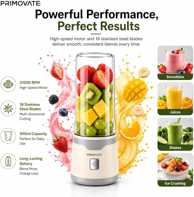 Portable Blender 2026 Model, 450ML, 18-Blade Powerful Smoothie Maker, USB Type-C Rechargeable, Ice Crushing Personal, 1500mAh Battery, 60W Motor, Travel Blender with Extra Jar & Lid