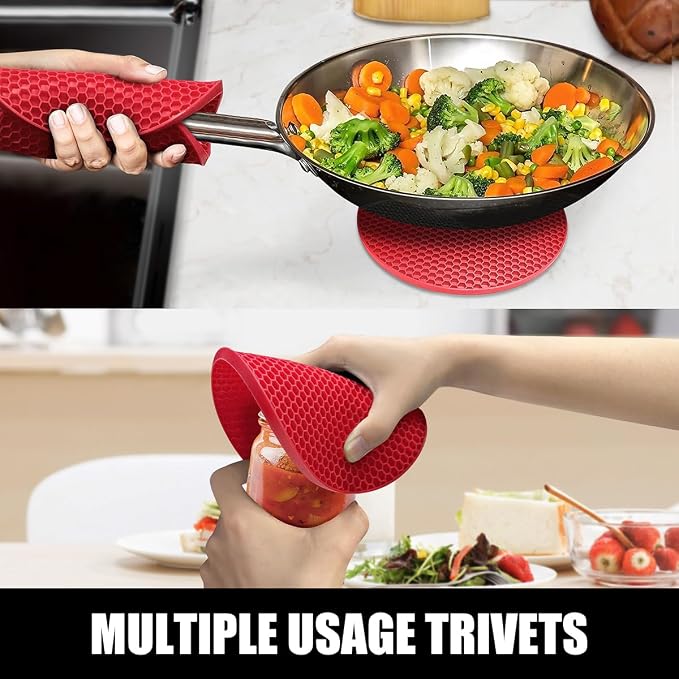 RORECAY Silicone Oven Mitts and Pot Holders Sets, Gloves for Kitchen, Red | Set of 6 Kitchen Mitts for Baking & Cooking, Heat Resistant 500 ℉, 15" Extra Long, Non-Slip & Waterproof, Quilted Cotton