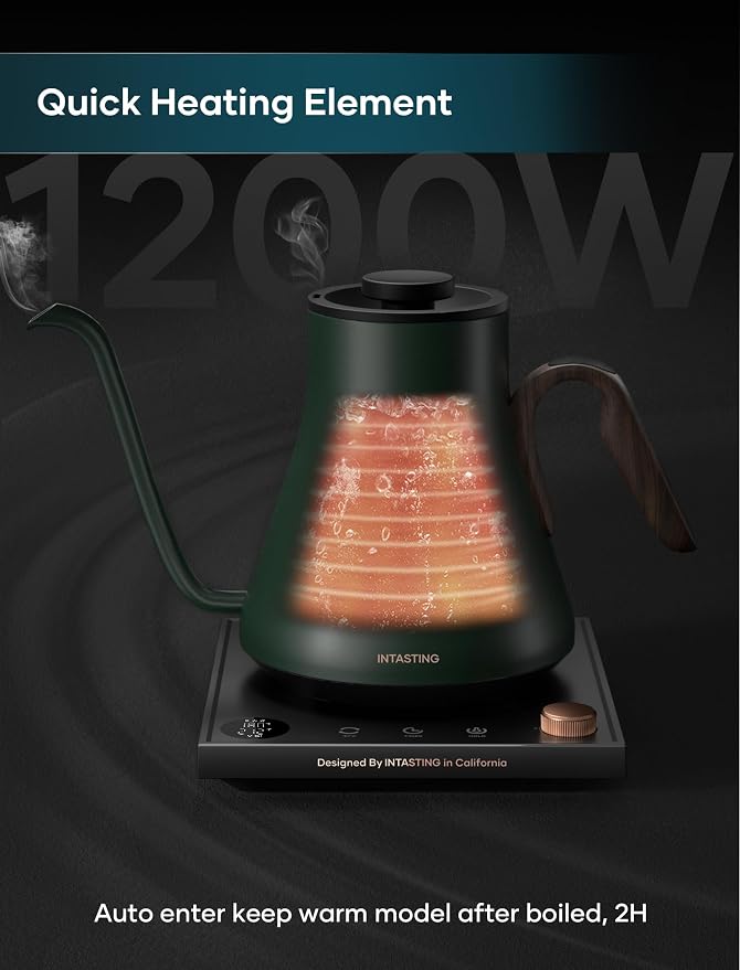 INTASTING Gooseneck Electric Kettle with 1℉ Temperature Control, 0.9 Liter | Fast Heating, Stainless Steel Interior, for Pour Over Coffee, Tea & Boiling Water, Keep Warm, Auto Shut-Off, Forest Green