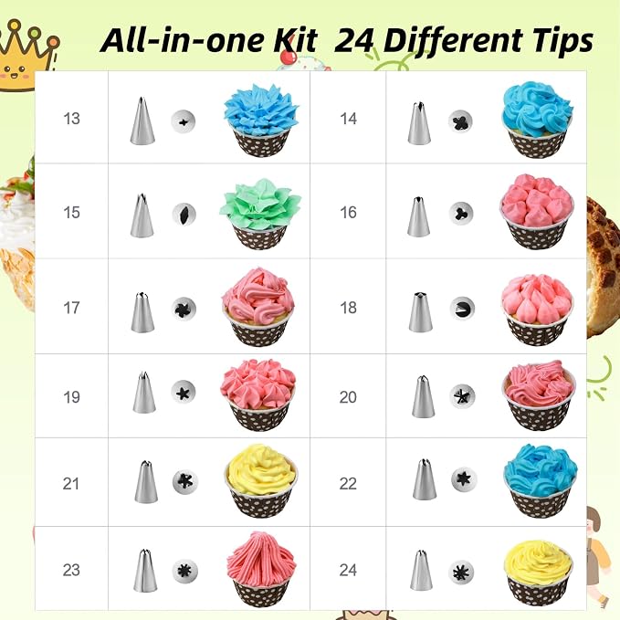 Piping Bags and Tips Set, Cake Decorating Kit | 24 Stainless Steel Piping Tips, 2 Reusable Silicone Pastry Bags - Baking Supplies for Cupcakes, Cookies, and Cake Decorating