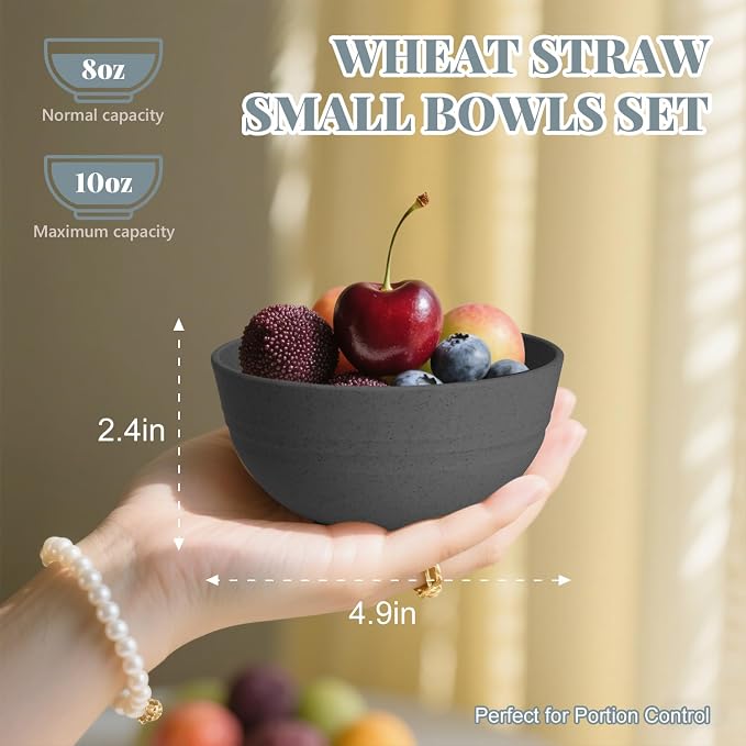 Wheat Straw Small Bowls, Dessert Bowls for Kitchen, Camping, Party, Unbreakable Mini Bowl Set of 8, 10 OZ Microwave and Dishwasher Safe Appetizer Bowl,Yogurt Bowls Set (Dark Grey)