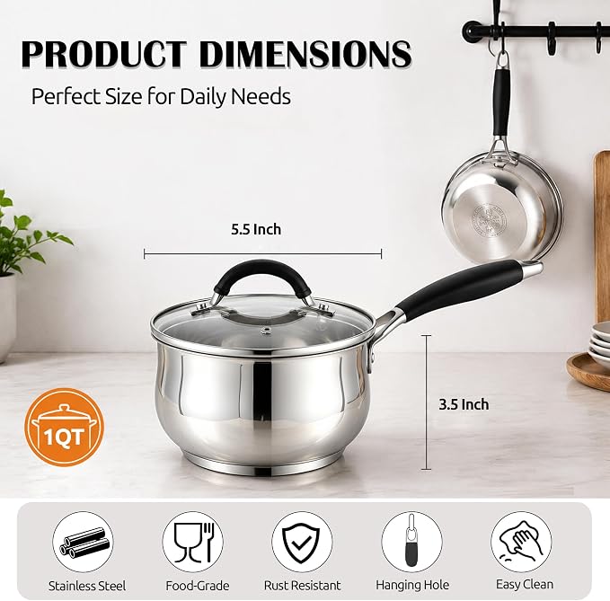 E-far 1 Quart Saucepan with Lid, Small Stainless Steel Sauce Pan for Milk | Tri-Ply Base, Multipurpose Pot for Kitchen Cooking, Compatible with All Cooktops, Silicone Handle, Non-toxic, Dishwasher Safe