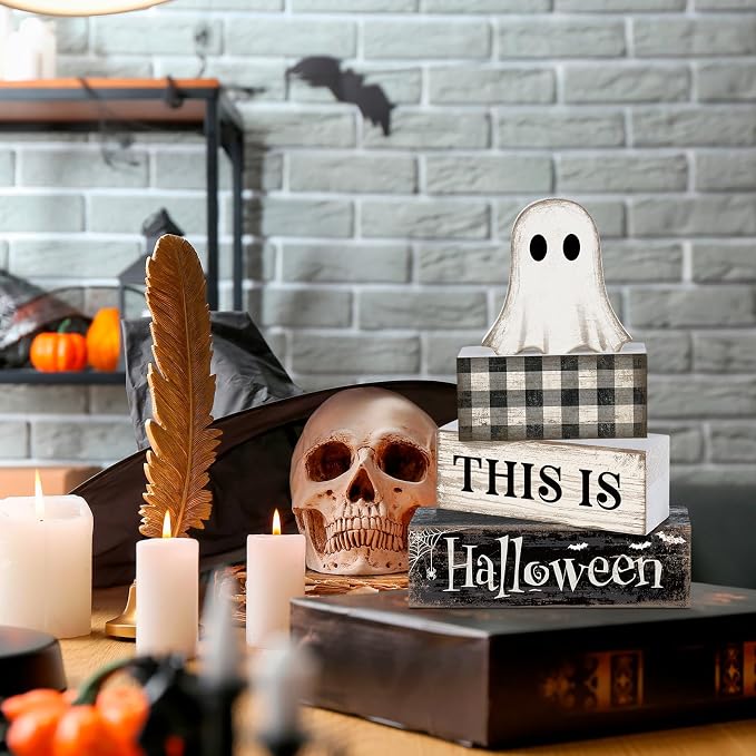 Lineshading 4 Pcs Halloween Table Decor For Home Ghost Tiered Tray Decor | Stacked Blocks with Ghost and Plaid, Rustic Wood, For Tabletop Shelf Mantel, Halloween Farmhouse Home Styling, Gift Ready