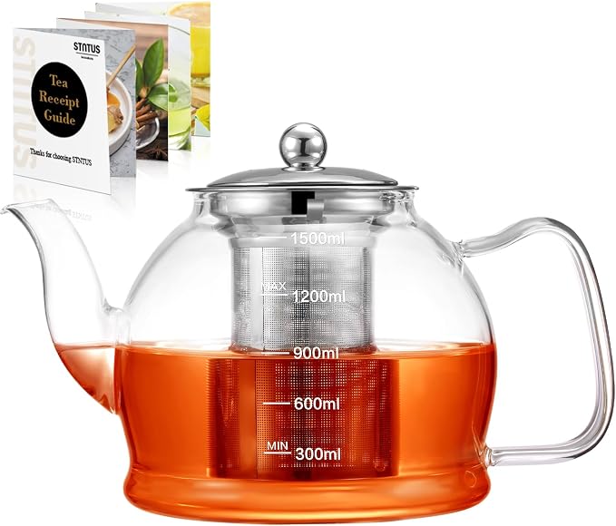 STNTUS Glass Teapot, 52 oz/1500 ml for Loose Tea, Teapot with Infusers for Loose Tea, Stainless Steel Strainer, Tea Pot for Stove