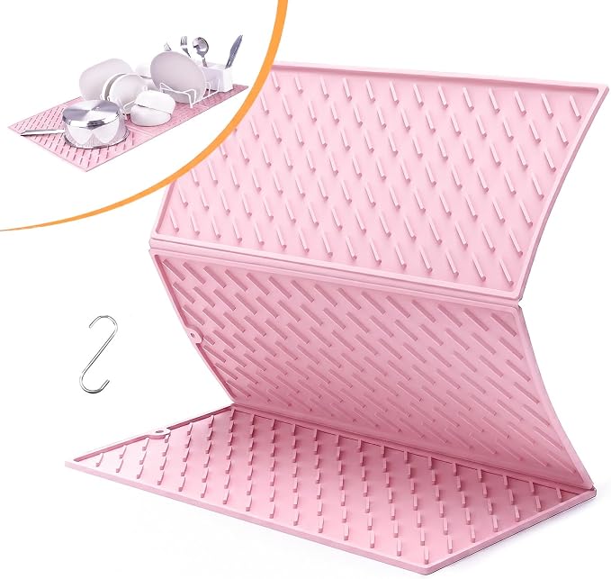 Pink Silicone Dish Drying Mat for Kitchen Counter, Collapsible Trifold Large Dish Drainer Mat, Drying Mat with Hook, 24x16In Non-Slip Silicone Sink Mat, Easy to Clean