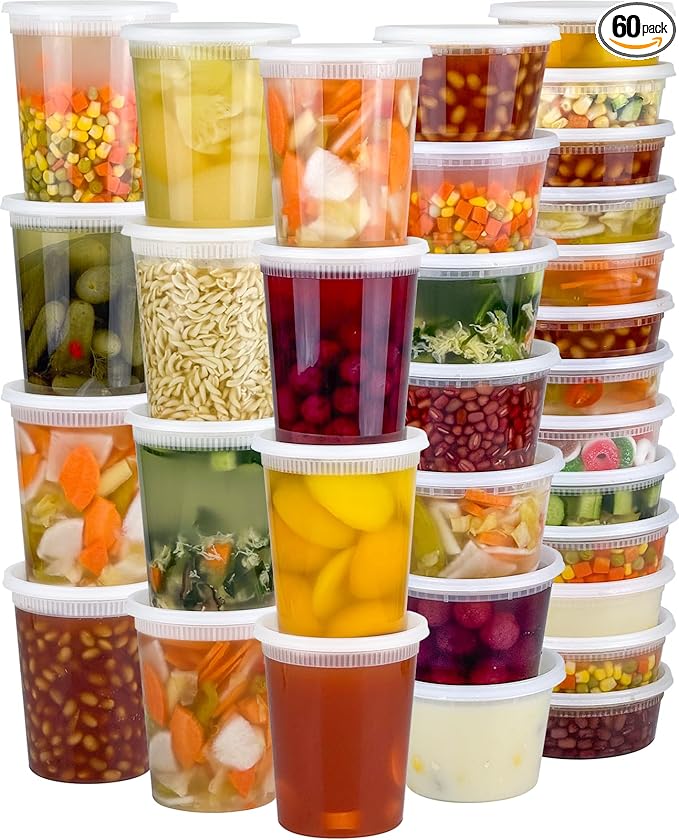 60 Sets (120-Piece) Deli Containers with Lids, 32/16/8 oz X 20 Set Each | Leak-Proof & BPA Free Airtight Takeout Plastic Food Storage Containers for Soup, Freezer/Microwave