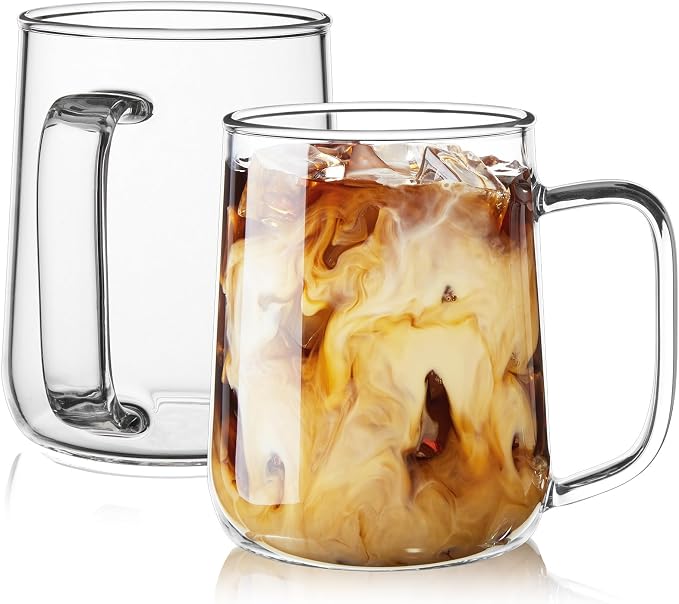 Glass Coffee Mugs, 16 oz Glass Coffee Cups Set of 2, Clear Borosilicate Glass Mugs with Handles for Cappuccino, Tea, Latte, Hot/Cold Beverages, Wine, Americano