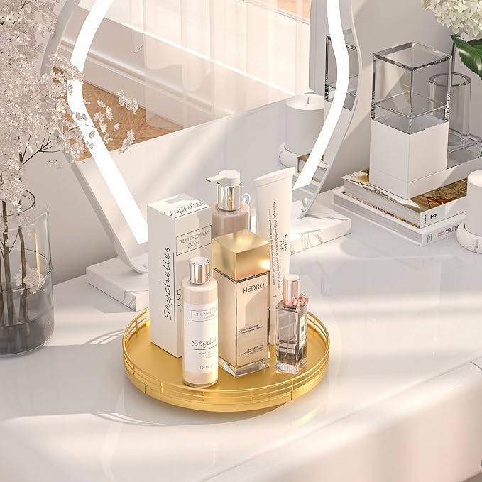 Oroyutor 10-Inch Oak Lazy Susan Vanity Tray with Gold Metal Rail | Rotating oak tray organizes spices, toiletries and decor on kitchen counters, bathroom vanities, dining and coffee tables.