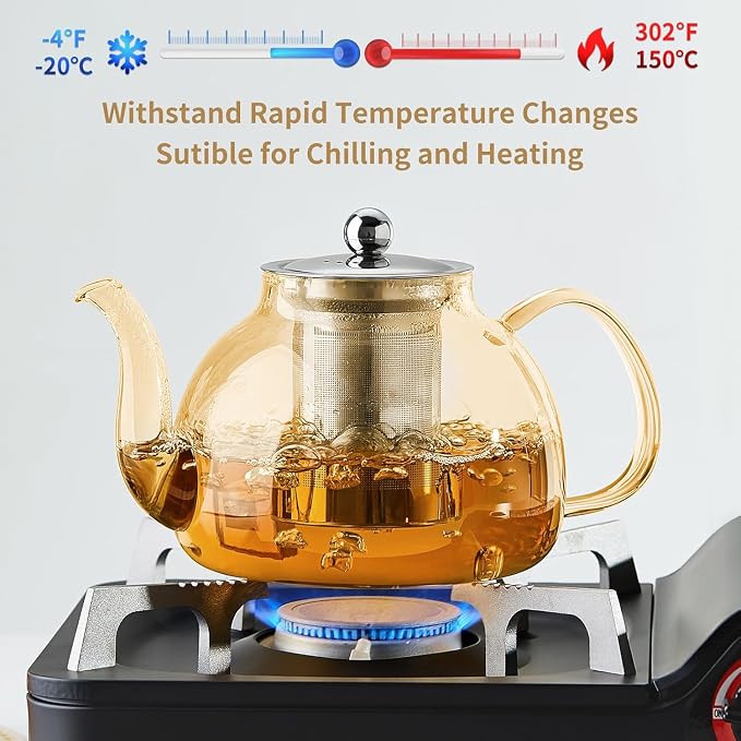 DOPUDO 40OZ (1200ML) Glass Teapot with Infuser Stovetop Safe, Clear Glass Tea Pot Kettle, Borosilicate Tea Pot with Infusers Filter for Loose Tea, Tea Kettle Dishwasher Safe (Champagne)
