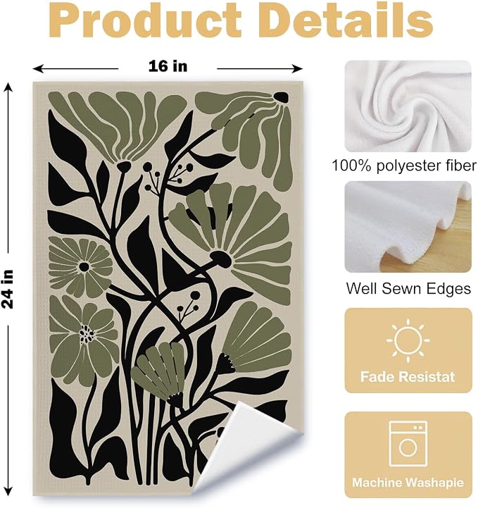 Abstract Dark sage Green and Black Boho Floral Kitchen Towels Set of 2, 70s Retro Groovy Botanical Dish Tea Towels for Kitchen Bathroom Decor, Mid Century Modern Hand Towels, 16x24 Inch