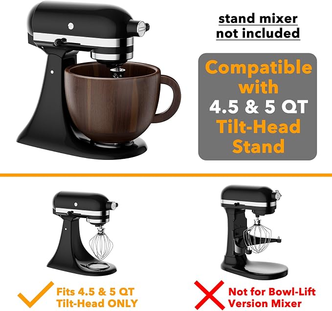 SpaceAid Wooden Bowl with Handle, Kitchen Space Aid Acacia Wood Mixing Bowls Holder for Stand Mixer, Compatible with 4.5 & 5 QT Tilt-Head Models Kitchen, Natural Wood
