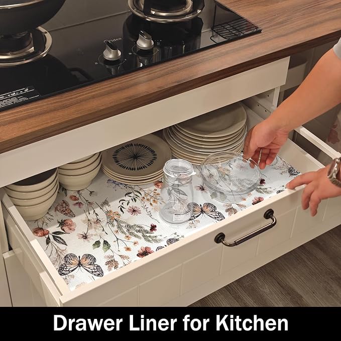Floral Shelf Liners Non Adhesive Strong Non-Slip 16IN x 20FT | Shelf and Drawer Liners for Kitchen Cabinet Wire Fridge, Waterproof Shelf Drawer Liner,Easy to Clean,Butterfly