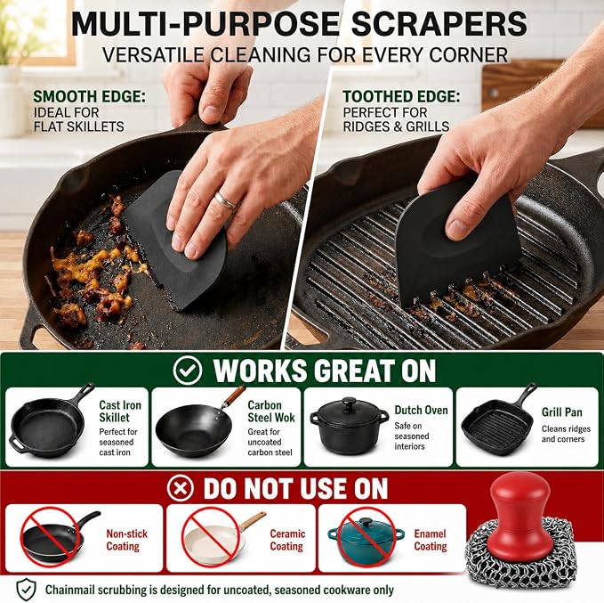 Cast Iron Scrubber and Scraper | 316 Chainmail Scrubber for Cast Iron Pan | Chain Mail Scrubber for Cast Iron Skillet Cleaner | Dishes Pots Wok Griddle Grill | Dish Scouring Pad Dishwasher Safe, Red1