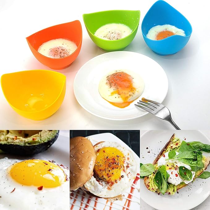 Silicone Egg Poacher Cups, 4 Pack with Stable Ring Base | Make Poached Eggs Easily on Stovetop, Microwave, Air Fryer or Oven, Easy Release, BPA-Free, Includes Oil Brush