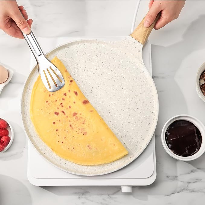 SENSARTE 12 Inch Nonstick Crepe Pan Ceramic Coating Pancake Pan White | Natural Ceramic Coating Dosa Pan Pancake Flat Skillet Tawa Griddle with Stay-Cool Handle, Induction Compatible