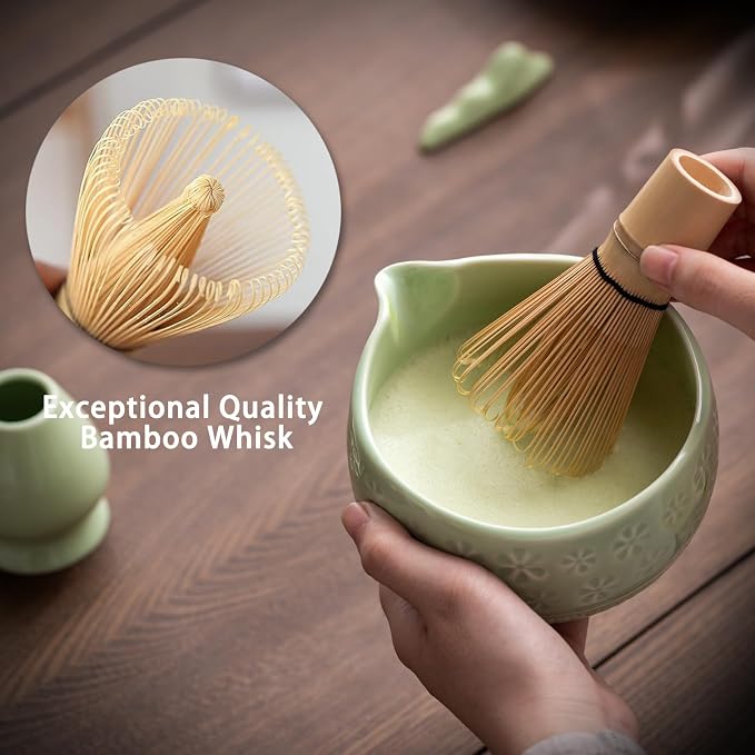 Buucup Matcha Whisk Set, Ceramic Matcha Kit with Bowl & Bamboo Tools | 7-piece set includes ceramic bowl, bamboo whisk, scoop, holder, rest, sifter and tea towel for home matcha making.