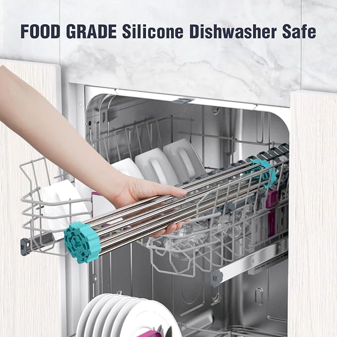 Tomorotec Roll Up Dish Drying Rack Over Sink, 304 Steel, 17.7x12.5, Green | Anti-Slip Silicone Rims For Grip, Heat-Resistant Trivet Mat Holding Heavy Cookware, Rustproof Kitchen Counter Space Saver