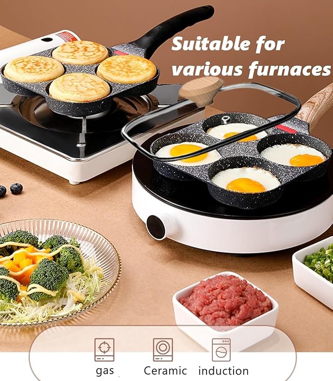 HUPECHAM Egg Pan With Lid 4-Cup Nonstick, and Healthy Granite Egg Frying Pan, Versatile Breakfast Skillet for Eggs, Pancakes, Plett, Crepes, Compatible with Gas Stove and Induction Cooktop