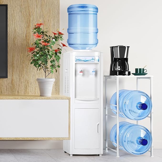Water Jug Holder Stand 2 Tier 5 Gallon Water Bottle Rack with Top Shelves 5 Gallon Water Bottle Holder Organizer Water Dispenser Stand for Kitchen, Home Office, Living Room, White