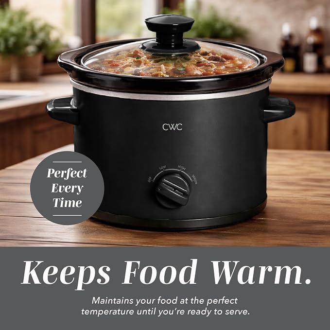COOK WITH COLOR 2QT Mini Electric Round Slow Cooker - Adjustable Settings, Removable Stoneware Pot, Tempered Glass Lid, Dishwasher Safe, Cool-Touch Side Handles, Black