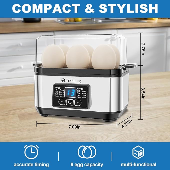 Tesslux Electric Egg Cooker, 6-Egg Boiler for Hard, Soft, Poached, Silver | LED Countdown Timer, Touch Control, Poaching Bowl, Omelet Maker, Stainless Steel, Auto Shut-Off, Buzzer Alert, Compact