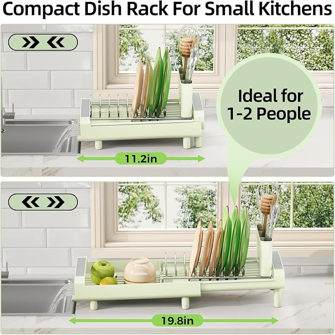 TOOLF Small Dish Drying Rack, Expandable and Space-Saving, Grayish Green | Mini Dish racks for kitchen counter, Compact Design Fits Sink or Counter, Stainless Steel Plate Rack, 11"-19.3"L×7.7"W×3.54"H