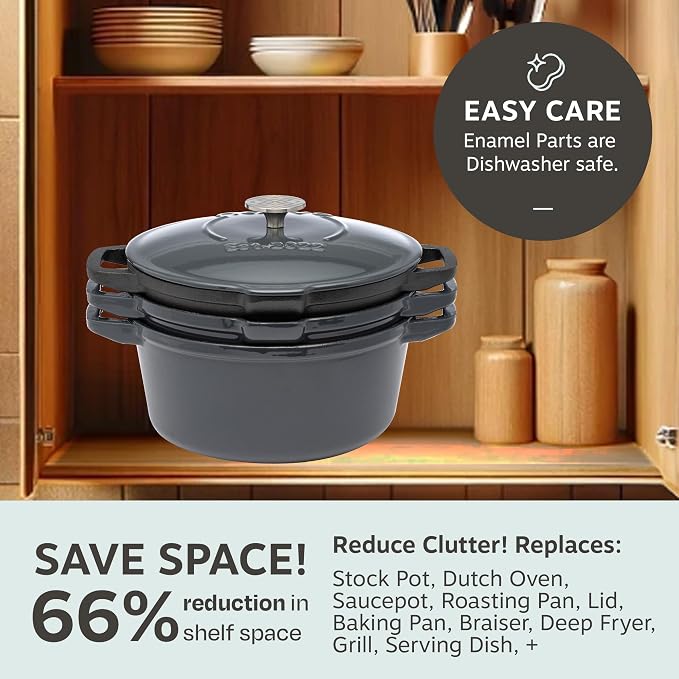 NATIVO 5 pc Stackable Cast Iron Cookware Set, Versatile Enamel Dutch Oven, Seasoned Grill Pan & Enamel Braiser with Precision Pour Spouts, Universal Lid, Included Spacers/Handle Holders, Stormy Grey