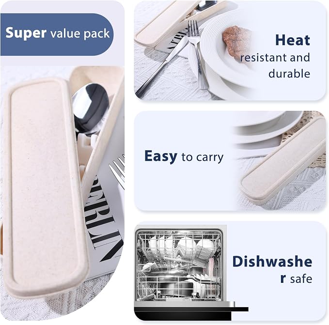 HANSGO Travel Utensils with Case, 4PCS Stainless Steel Portable Cutlery Set, Built-in Card Slot Design for Fixing Tableware, Easy-Open Lid, Lunch Box for Camping Work School, Dishwasher Safe, Beige