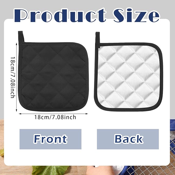 Bokon 12 Pcs Pot Holders for Kitchen, Black Potholders Sets, Heat Resistant Cotton Hot Pad Oven Mitts Trivet with Hanging Loops for Baking Cooking