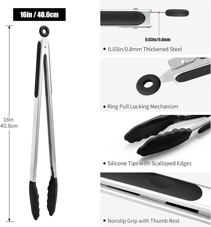 Doosu Kitchen Tongs with Silicone Tips for Cooking Serving (16in, Black) | 600°F Heat Resistant Food Tong, Heavy Duty Stainless Steel Locking Tong for BBQ, Grilling Steak, Salad, Toast, Pasta