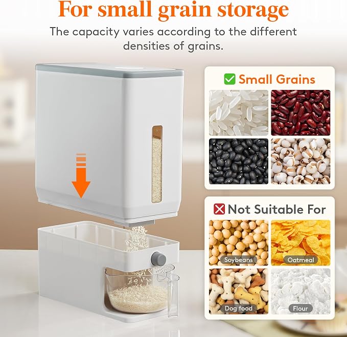 Lifewit Rice Dispenser 25 Lbs, Airtight Storage with Cup, 2 Pack White | BPA-Free 11.3kg Capacity Storage Container for Beans, Corn & Other Small Grains, One-Press Dispensing Bin for Kitchen Pantry