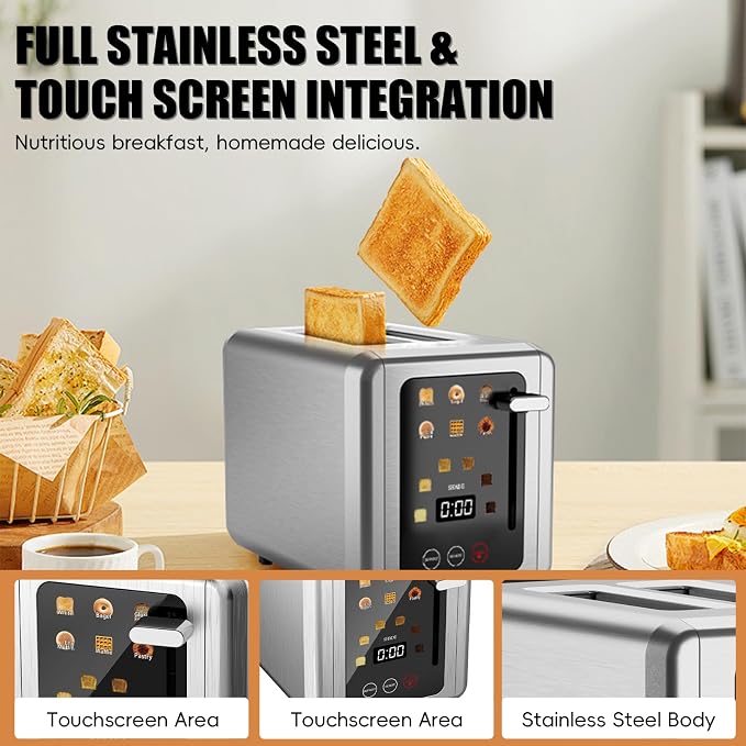 WUNLY 2 Slice Stainless Steel Smart Digital Timer Touch Screen Toaster | 6 Bread Types & 6 Shade Settings,Extra Wide Slots Toaster with Bagel,Defrost & Reheat Functions,Sound Function,Titanium