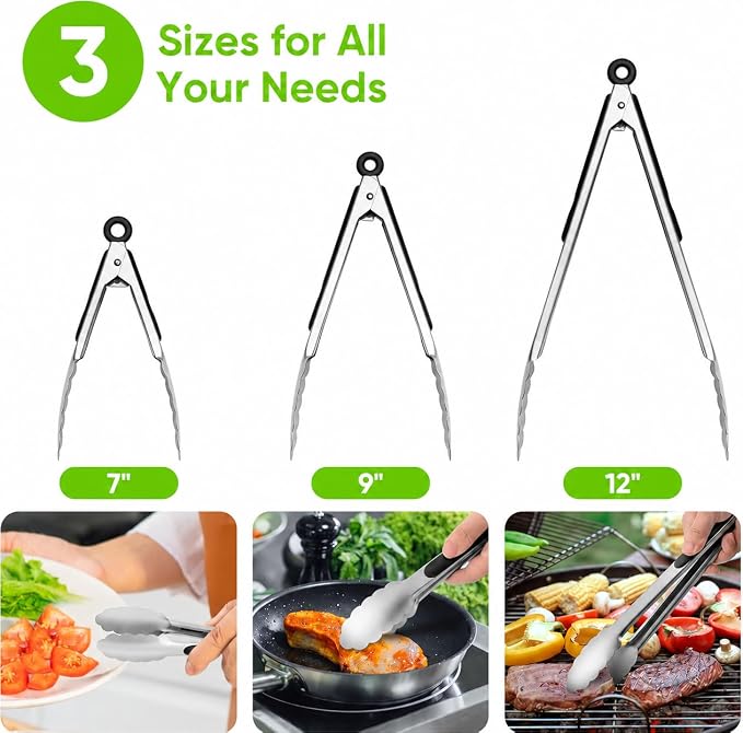 7/9/12 Inch Kitchen Tongs Set, Stainless Steel Cooking Tongs (7"+9"+12") | For Cooking/Serving/Grilling | Heat-Resistant | Dishwasher Safe