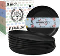 Wheat Straw Plates Unbreakable Deep Dessert Plates Set of 8 Plastic Plates Reusable Microwave Safe Plate for Kitchen Camping Party Dishwasher Safe Stackable Appetizer Plates (8in, Black)