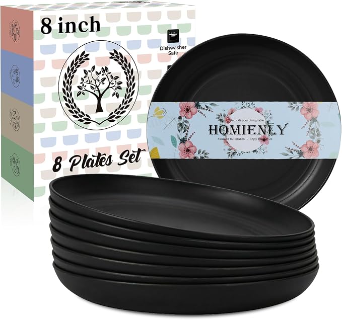 Wheat Straw Plates Unbreakable Deep Dessert Plates Set of 8 Plastic Plates Reusable Microwave Safe Plate for Kitchen Camping Party Dishwasher Safe Stackable Appetizer Plates (8in, Black)