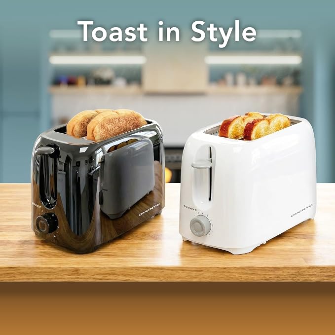 OVENTE Electric 2 Slice Toaster Machine 6-Shade Setting, White TP2210WGY | Compact Design and Removable Crumb Tray, 700W Power Perfect for Toasting Bread, Thin Bagels and Waffles