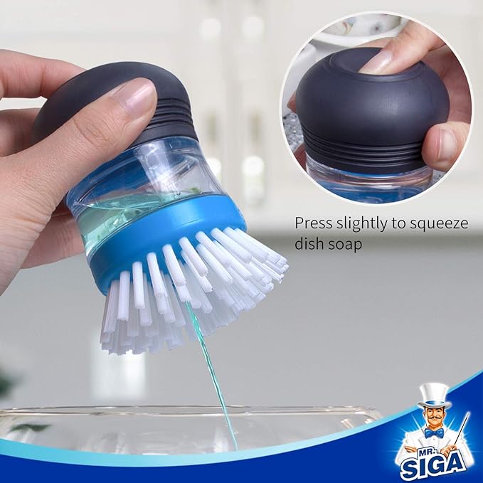 MR.SIGA Soap Dispensing Palm Brush, 2 Pack, Navy/Blue | Dish brush with soap dispenser, palm scrubber, palm scrub brush, ideal for kitchen and dishes cleaning