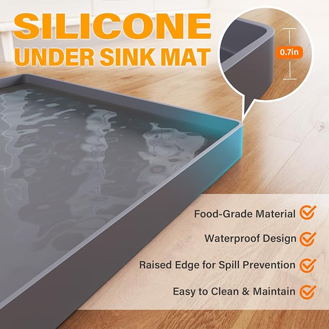 FLATO Waterproof Under Sink Mat, 28" x 19", White | Shelf Liner for Kitchen and Bathroom, Cabinet Protector, Organizers and Storage, Flexible Silicone Drip Tray