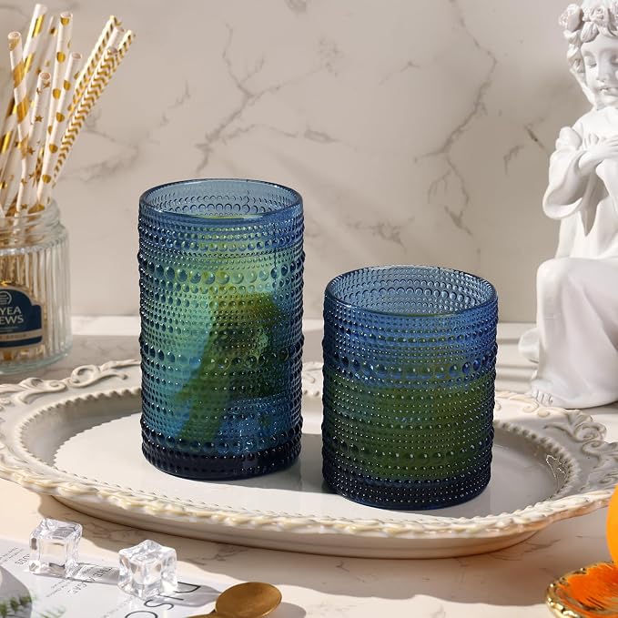 Moretoes Blue Hobnail Drinking Glasses Set of 16,Glass Cups | 12 Oz Highball Glasses & 10 Oz Cocktail Glasses, Kitchen Bar Tumbler Glassware Set for Whiskey, Beer, Juice, Milk