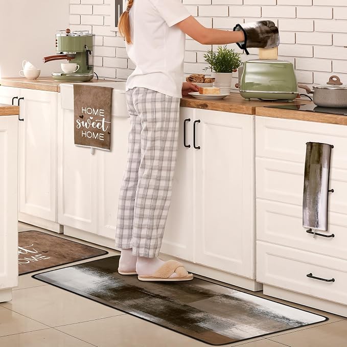 16 Pcs Abstract Art Kitchen Decor Set 4 Brown Kitchen Towels 2 Non Slip Rugs and Mats for Floor 2 Modern Oven Mitts Gloves 2 Pot Holders 4 Placemats 2 Art Abstract Curtains for Home Decoration Gift