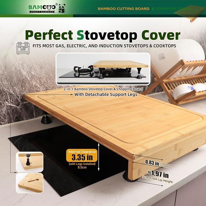 BAMOTTO CRAFTBAMBOO 16 x 22 Inch Bamboo Cutting Board Stovetop Cover | Detachable Support Legs | Detachable Front Lip | Over-the-Sink Board | RV Camper and Home Kitchen
