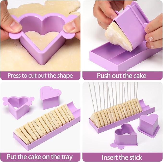 Heart Cake Pop Mold Set with 9in Tray and Sticks- Purple | ABS Cake Pop Maker with Cutter and Pusher, perfect for making uniform cake pops for parties, weddings, and homemade desserts.